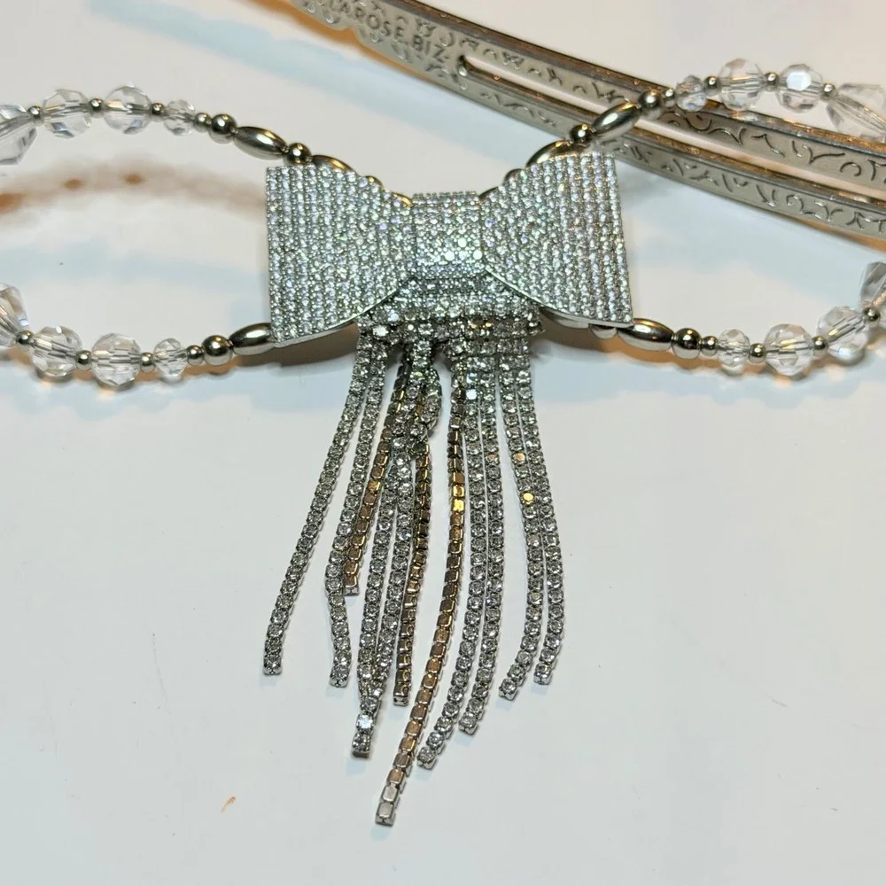 Lilla Rose Flexi Clip Silver Rhinestone Bow Crystal Tassel Hair Accessory XL